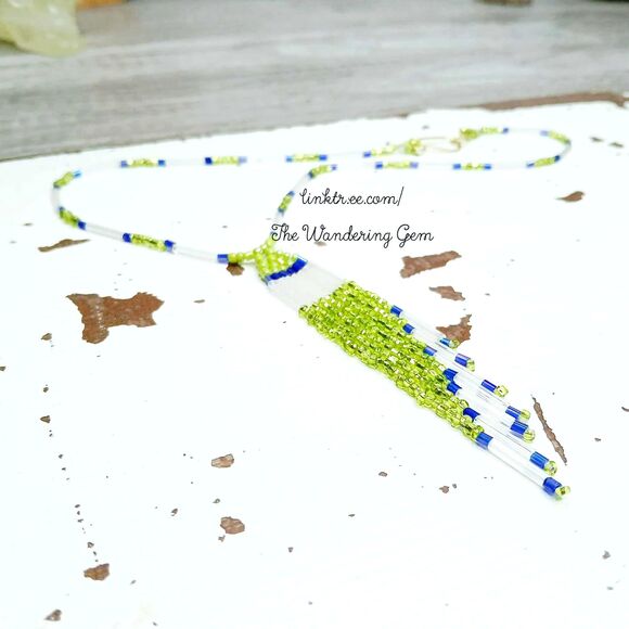 Green Beaded Fringe Cascade Choker Necklace, Boho Chic, OOAK, 15" - Picture 2 of 5